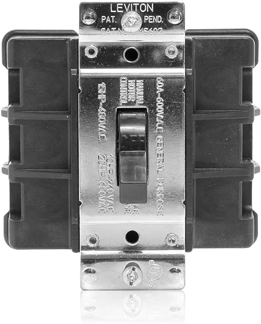 Leviton MS602-BW 60 Amp, 600 Volt, 2-Pole, Single Phase Single Throw, AC Manual Motor Controller, Standard Toggle, Industrial Grade, Non-Grounding, Back Wired, - Black