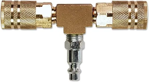 Primefit M1404-4 2-Way T-Style Air Manifold with Industrial 6-Ball Brass Couplers, 1/4"
