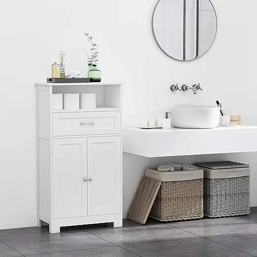 kleankin Modern Bathroom Floor Cabinet, Free Standing Storage Cabinet, Linen Cabinet with Drawer and Adjustable Shelf, White