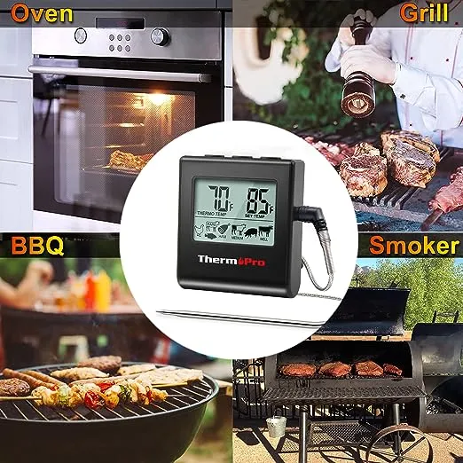 ThermoPro TP16 Large LCD Digital Meat Thermometer for Cooking, Smoking, Grilling, BBQ Food Thermometer with Clock Timer and Stainless Steel Probe, Black