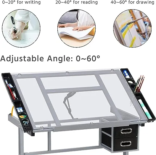 Yaheetech Drawing Desk Adjustable Glass Drafting Study Table for Diamond/Versatile Art Craft Station w/ 2 Slide Rolling Wheels and Drawers for Artist Painters Home Office