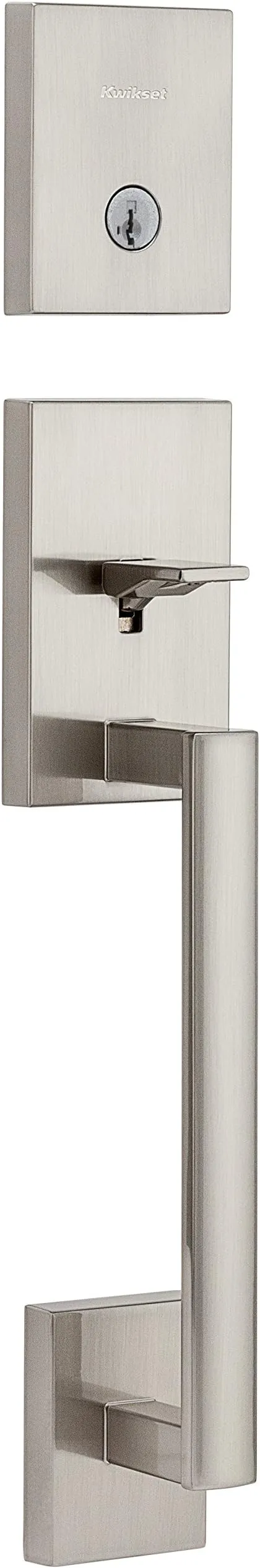 Kwikset San Clemente Front Door Lock Handle and Deadbolt Set, Entry Handleset Exterior Only, Satin Nickel, Pick Resistant SmartKey Rekey Deadbolt Security, Interior Sold Separately