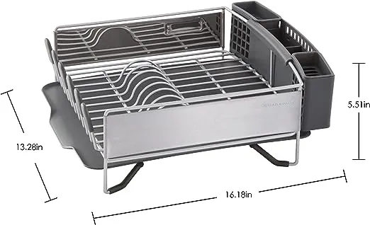 KitchenAid Compact Space Saving, Dish Rack with Removable Flatware Caddy and Angled Self Draining Drainboard, Satin Gray, 15-Inch-by-13.25-Inch