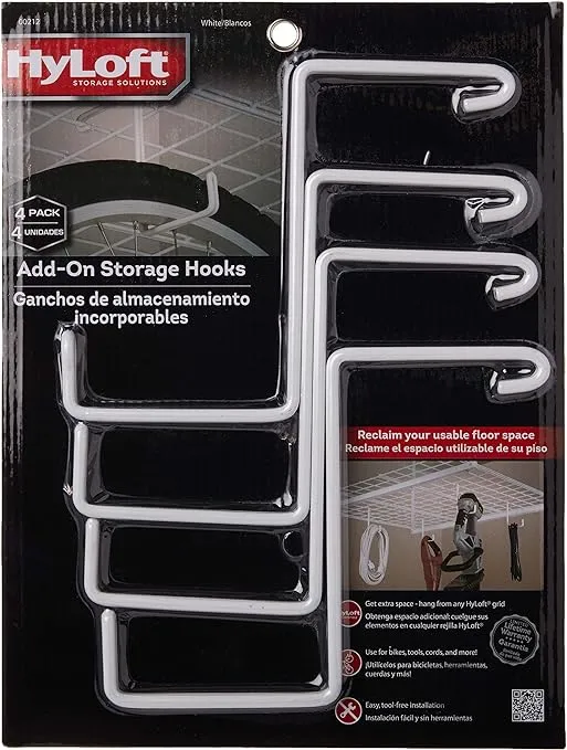 00212 Add-On Storage Hook Accessory for HyLoft Model-540 Ceiling Rack, 4 Count , White