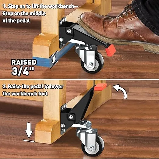 SPACEKEEPER Workbench Casters kit 660 Lbs - Retractable Casters Heavy Duty Bench Caster Wheels Designed for Workbenches Machinery & Tables, 4 Pack