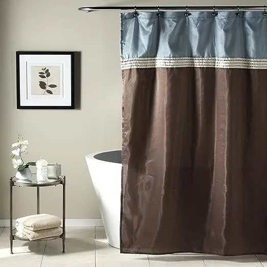 Lush Decor Terra Color Block Shower Curtain Fabric Striped Neutral Bathroom Decor, 72" x 72", Blue & Chocolate