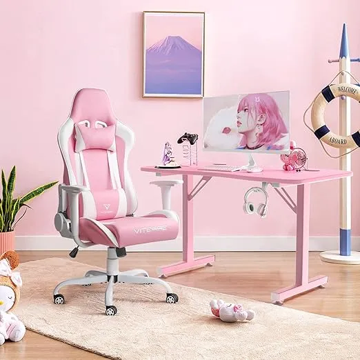 PUKAMI Pink Cute Kawaii Gaming Chair for Girl Ergonomic Desk Racing Office Adjustable High Back Game Swivel Leather Chair with Lumbar Support and Headrest