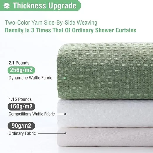 Dynamene Sage Green Shower Curtain - Waffle Textured Heavy Duty Thick Fabric Shower Curtains for Bathroom, 256GSM Luxury Weighted Polyester Cloth Bath Curtain Set with 12 Plastic Hooks，72Wx72H,Green