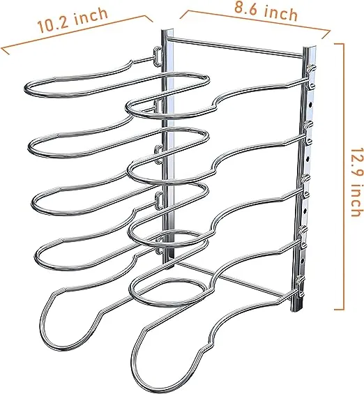 CAXXA Heavy Duty Pan Rack, Pot Lid Rack, Kitchen Cabinet Pantry Cookware Organizer Rack Holder with 5 Adjustable Dividers, Chrome