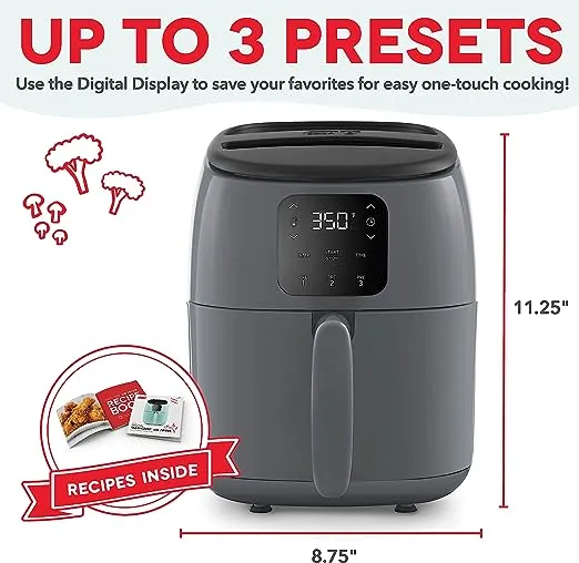 DASH Tasti-Crisp™ Electric Air Fryer Oven, 2.6 Qt., Grey – Compact Air Fryer for Healthier Food in Minutes, Ideal for Small Spaces - Auto Shut Off, Digital, 1000-Watt