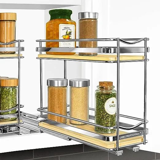 LYNK PROFESSIONAL® Élite™ Pull Out Spice Rack Organizer for Inside Kitchen Cabinets - 4-1/4 inch Wide - Slide Out Drawer – Wood/Chrome Sliding Spice Cabinet Organization Shelf Racks - 2 Tier