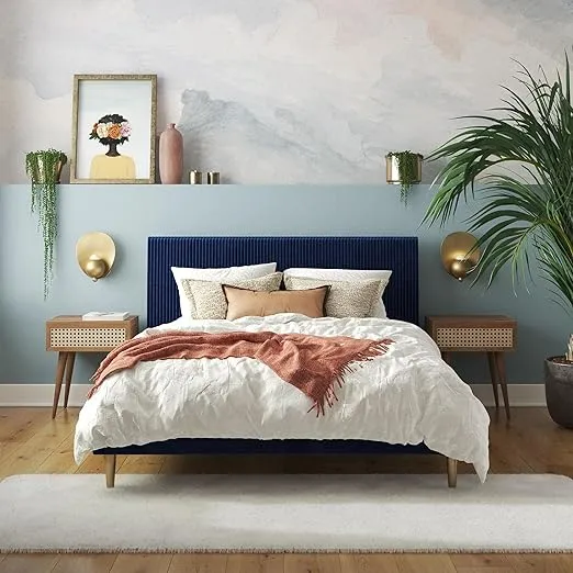 Mr. Kate Daphne Upholstered Bed with Headboard and Modern Platform Frame, Queen, Blue Velvet