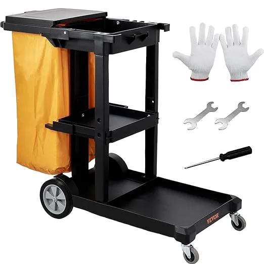 VEVOR Cleaning Cart, 3-Shelf Commercial Janitorial Cart, 200 lbs Capacity Plastic Housekeeping Cart, with 25 Gallon PVC Bag and Cover, 47 x 20 x 38.6in, Yellow&Black