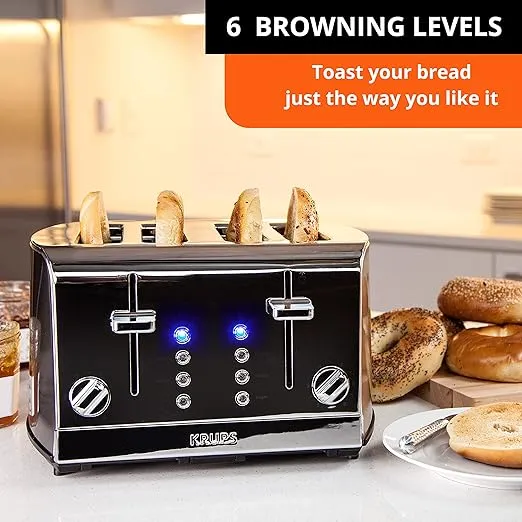 KRUPS: 4 Slice Toaster, Stainless Steel, 4 Functions, Cancel, Bagel, Reheat, Defrost, 1500 watts 6 Shade Settings, Removable Crumb Tray