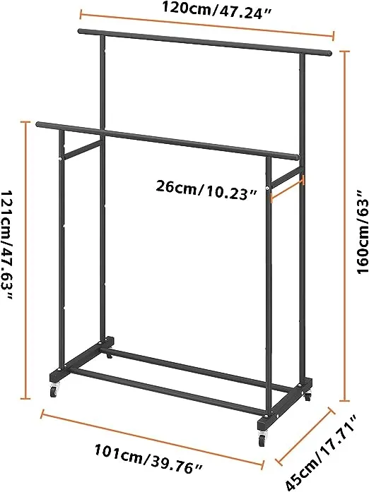 Calmootey Double Rod Clothing Garment Rack,Rolling Hanging Clothes Rack,Portable Clothes Organizer for Bedroom,Living Room,Clothing Store,Black