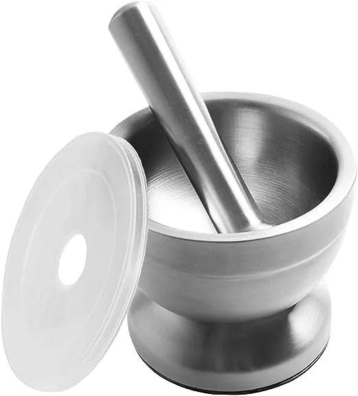 Bekith Mortar and Pestle Sets 18/8 Brushed Stainless Steel Spice Grinder Pill Crusher Molcajete Herb Bowl