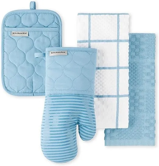 KitchenAid Quilted Cotton Terry Cloth Oven Mitt, Pot Holder Heat Resistant, 16"x26", 7"x13" & 7"x10", Blue Velvet