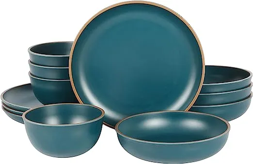 Gibson Home Rockabye 12 Piece Double Bowl Melamine Plastic Dinnerware Set - Matte Teal