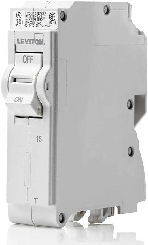 Leviton LB115-T 15A 1-Pole Plug-On Standard Branch Circuit Breaker, Thermal Magnetic, 120 VAC, White