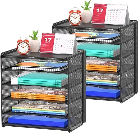 Samstar 2 Pack Paper Letter Tray, Mesh Desk File Organizer with 5 Tier Shelf and Sorter, Black