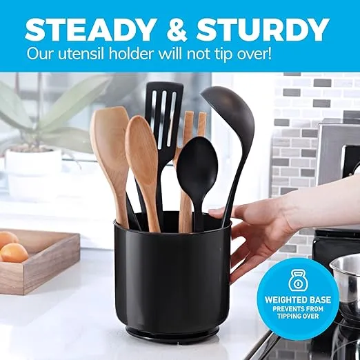 Extra Large and Sturdy Rotating Black Utensil Holder Caddy with No-Tip Weighted Base, and Gripped Insert - Rust Proof and Dishwasher Safe Kitchen Utensils Holder and Cutlery Holder