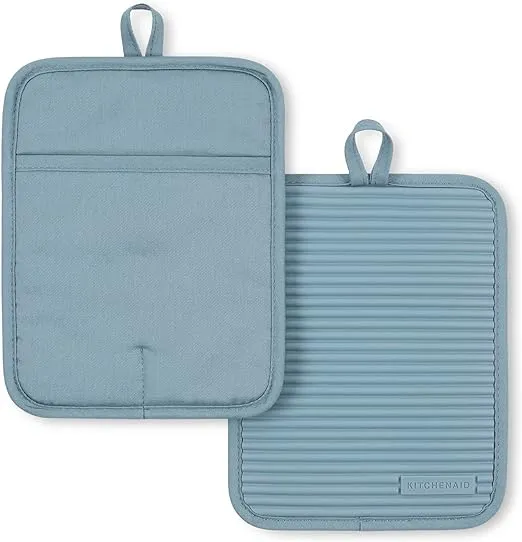 KitchenAid Ribbed Soft Silicone Pot Holder 2-Pack Set, Fog Blue, 7"x9"