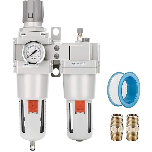 NANPU 1" NPT Compressed Air Filter Regulator Lubricator Combo (FRL) Water/Oil Trap Separator - Gauge(0-150 psi), 5 Micron Brass Element,Poly Bowl, Semi-Auto Drain, Metal Bracket