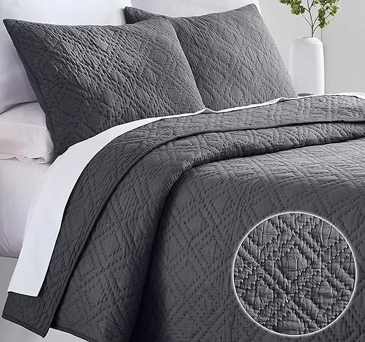 California Design Den Hand-Quilted Queen Quilt Set, 100% Cotton Fabric, 3 Piece Charcoal Queen Quilt Set Cotton, Includes 2 Shams, All Season Lightweight Pre-Softened, Diamond Pattern (Charcoal)