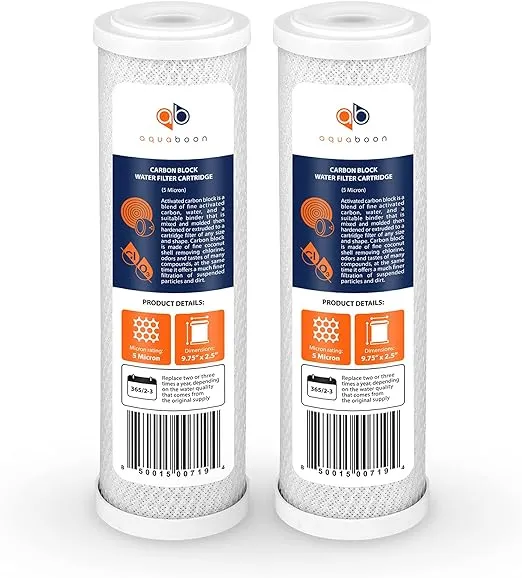 Aquaboon 5 Micron 10 x 2.5 Carbon Block Water Filter Cartridge CTO Whole House Water Filter Replacement Compatible with WHKF-WHWC, FXWTC, 2-PACK