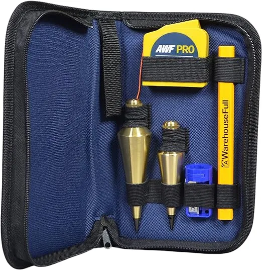 AWF PRO Plumb Bob Kit - 16 oz and 8 oz Solid Brass Plumb Bobs, 14 ft Retractable Line Reel with Magnetic Base, 2 Pencils, Pencil Sharpener, Carrying Case