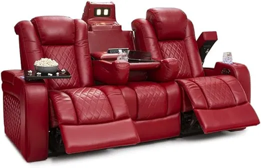 Seatcraft Anthem Home Theater Seating Living Room - Italian Leather - Power Recline Sofa - Fold-Down Table - Powered Headrests - Arm Storage - AC/USB and Wireless Charging - Cup Holders, Red