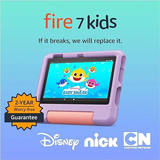 Amazon Fire 7 Kids tablet (newest model) ages 3-7. Top-selling 7" kids tablet on Amazon. Includes ad-free and exclusive content, easy parental controls, 10-hr battery, 32 GB, Purple