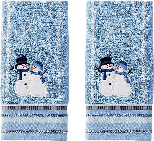 SKL Home Christmas Winter Friends Snowman Hand Towel 2pc Set for Bath/Kitchen & Gift, Blue