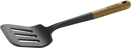 STAUB Silicone Spatula Turner, Perfectly Angled for Lifting Pancakes, Sandwiches and Picking up Veggies Durable BPA-Free Matte Black Silicone, Acacia Wood Handles, Safe for Nonstick Cooking Surfaces