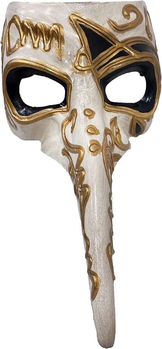 International Plague Doctor Venetian Long Nose Mask, White W Gold & Black Accents, 9" Long Novelty Item