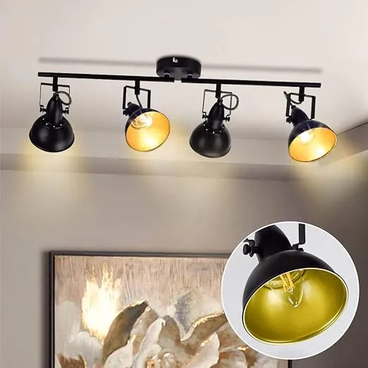 DLLT Flexible Track Light Kit, Black Ceiling Tracking Lights Fixture, 4-Light Flush Mount Spot Lighting for Living Room, Dining Room, Bedroom, Kitchen, Office, Closet Room, E12 Base