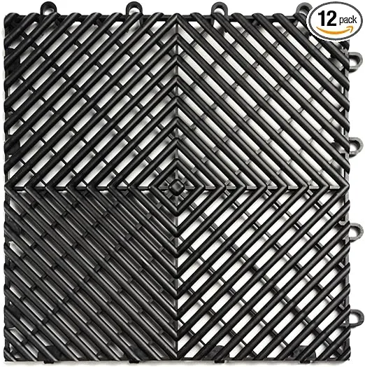 Big Floors RaceDeck Free-Flow Open Rib Self-Draining Design, Durable Copolymer Plastic Interlocking Modular Garage Flooring Tile (12 Pack), Black
