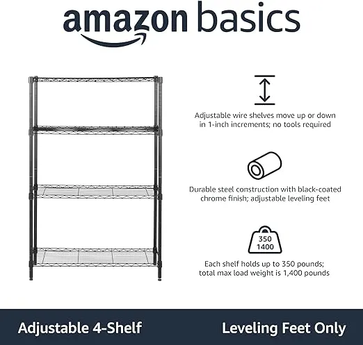 Amazon Basics 4-Shelf Adjustable Heavy Duty Steel Wire Rack Storage Shelving Organizer for Kitchen, Garage, 36" L x 14" W x 54" H, Black