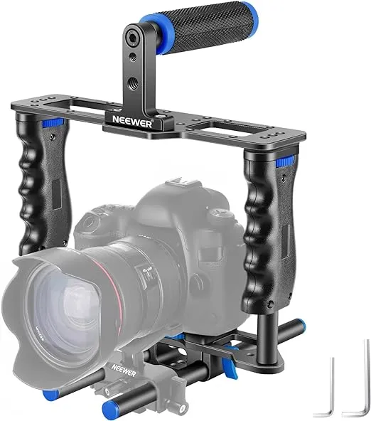 NEEWER Camera Video Cage Film Movie Making Kit, Aluminum Alloy with Top Handle, Dual Hand Grip, Two 15mm Rods, Compatible with Canon Sony Fujifilm Nikon DSLR Camera and Camcorder (Black + Blue)