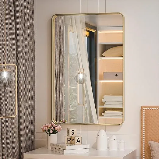 TETOTE Brushed Gold Bathroom Mirror, 24 x 36 Inch Metal Framed Mirror, Brushed Brass Rectangle Wall Mounted Golden Vanity Mirror (Horizontal/Vertical)
