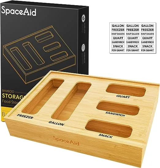 SpaceAid Bag Storage Organizer for Kitchen Drawer, Bamboo Organizer, Compatible with Gallon, Quart, Sandwich and Snack Variety Size Bag (1 Box 5 Slots)