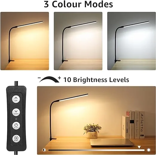 Lepro Clip on Desk Lamp LED Reading light Dimmable USB Small Clamp Lamp with 3 Color Modes 10 Brightness, Adjustable Flexible Gooseneck Table Light for Bed Headboard, Nail, Home Office,Computer(Black)