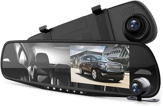 Pyle Dash Cam Rearview Mirror - 4.3” DVR Monitor Rear View Dual Camera Video Recording System in Full HD 1080p w/ Built in G-Sensor Motion Detect Parking Control Loop Record Support - PLCMDVR49