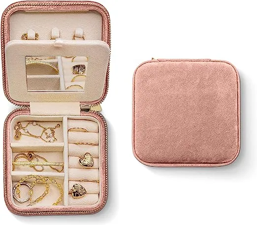 Benevolence LA Plush Velvet Jewelry Box | Travel Jewelry Case Organizer with Mirror | Featured in Oprah's Favorite Things | Best Gifts For Daughter, Girlfriend, Mom | Gifts For Her - Dusty Pink