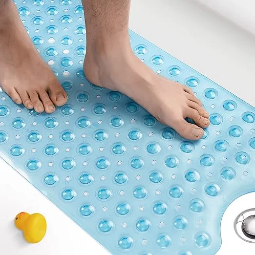 HITSLAM Bath Mat for Tub, Non Slip Bathtub Mat, 40 x 16 Inch Extra Long Bath Tub Mat, Machine Washable Bathroom Shower Mat with Suction Cups and Drain Holes, Soft on Feet, Clear Blue