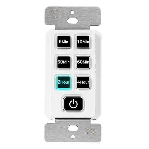 TOPGREENER 4-Hour Countdown Timer Switch, 5-10-30-60 Min 1-2-4 Hour Settings, for Fans and Lights, LED Indicator, 120VAC 60Hz, 1/2HP, 150W LED, Neutral Wire Required, UL Listed, TGT06-4H-RT-W, White