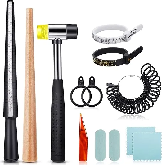 11 Pieces US UK Ring Mandrel Set, Size 1-13 with Half Size Ring Sizer Gauge Ring Mandrel Jewelry Hammer Ring Sizer Adjuster Polishing Cloth Polishing Stick Polished Agate Knife Measuring Tool (Black)