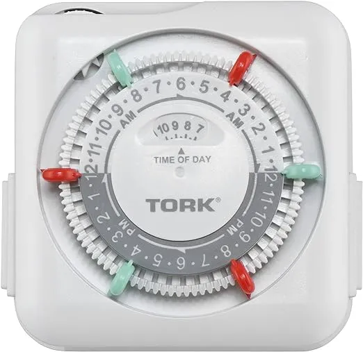 NSi Industries TORK RTN312 Indoor 15-Amp Plug-in Heavy Duty Mechanical Appliance Timer 24-Hour Programming – GREEN & RED Trippers TWO Receptacles White