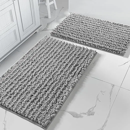 Yimobra Bathroom Rugs Sets 2 Piece, Luxury Chenille Shaggy Bath Carpet, Soft & Thick, Absorbent Water, Non-Slip, Machine-Washable, Mats for Floor, Tub and Shower, 32x20+24x17 Inch, Grey