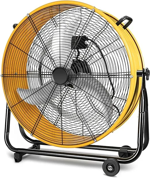 Heavy Duty Metal Industrial Drum Fan, 3 Speed Floor Fan for Warehouse, Workshop, Factory and Basement - High Velocity, Yellow, 24 Inch